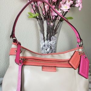 COACH Leather Shoulder Bag, Beige with Pink Coral